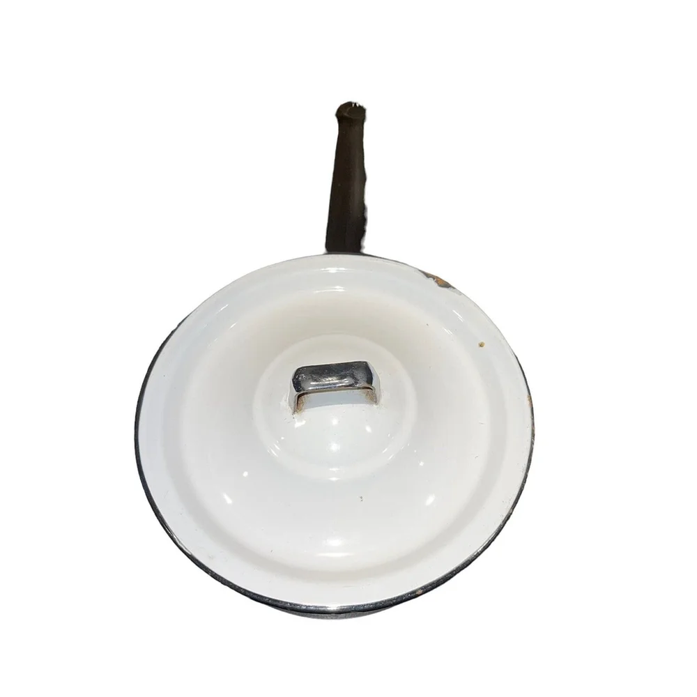 Vintage Enamelware White & Blue Small Sauce Pot With Lid For Decoration Only GUC